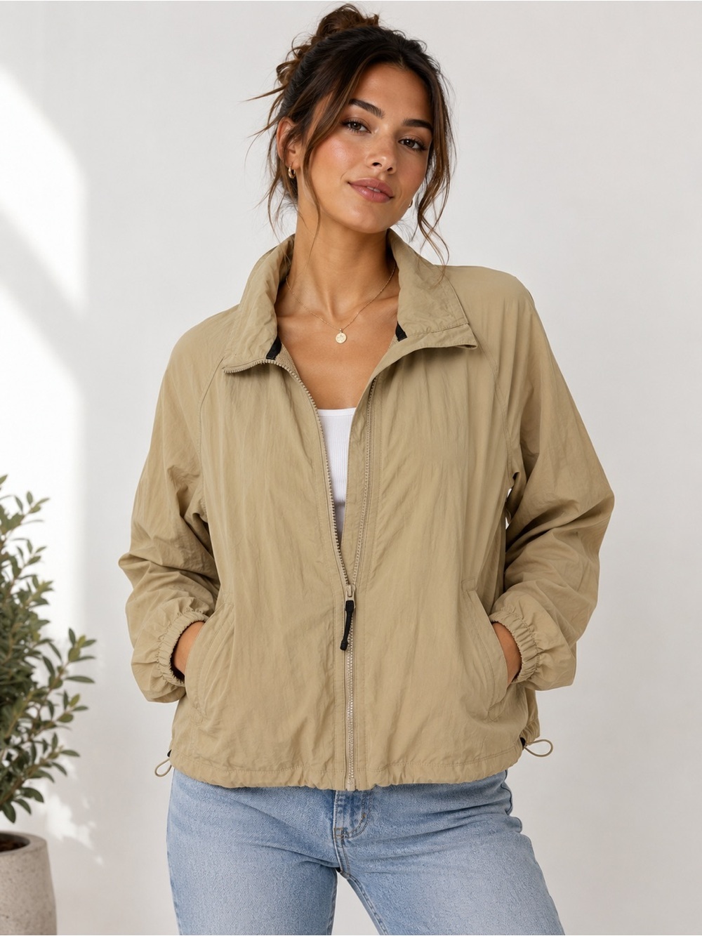Lou & Grey Tan Lightweight Zip Windbreaker Jacket Women’s Small Mesh Lined